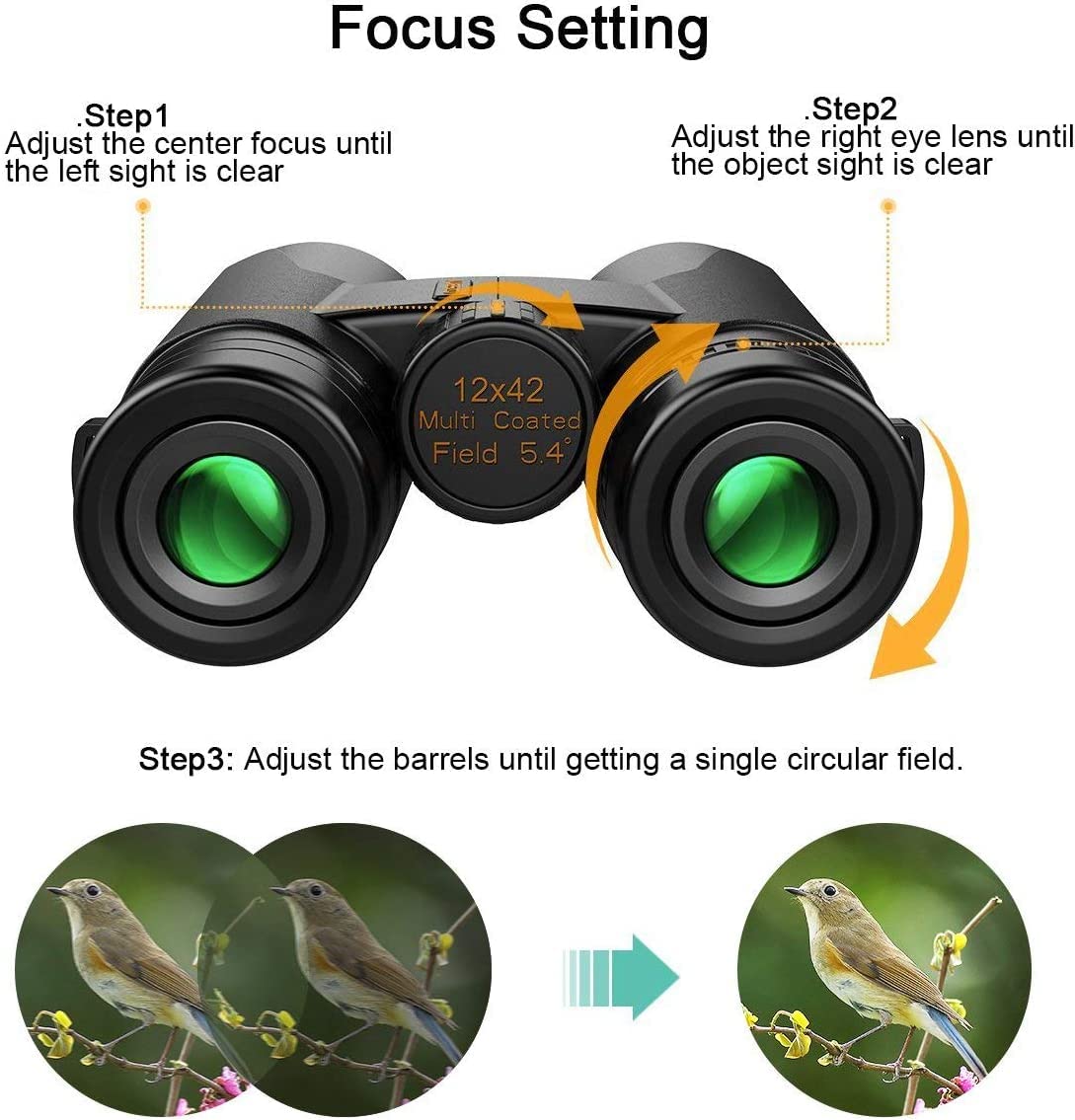 Kylietech 12x42 HD Compact Binoculars, Waterproof for Bird Watching, Hunting, Hiking, Sightseeing. FMC Lens Binoculars with Carrying Bag, Neck Strap and Smartphone Adapter.