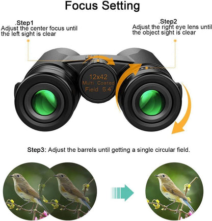 Kylietech 12x42 HD Compact Binoculars, Waterproof for Bird Watching, Hunting, Hiking, Sightseeing. FMC Lens Binoculars with Carrying Bag, Neck Strap and Smartphone Adapter.