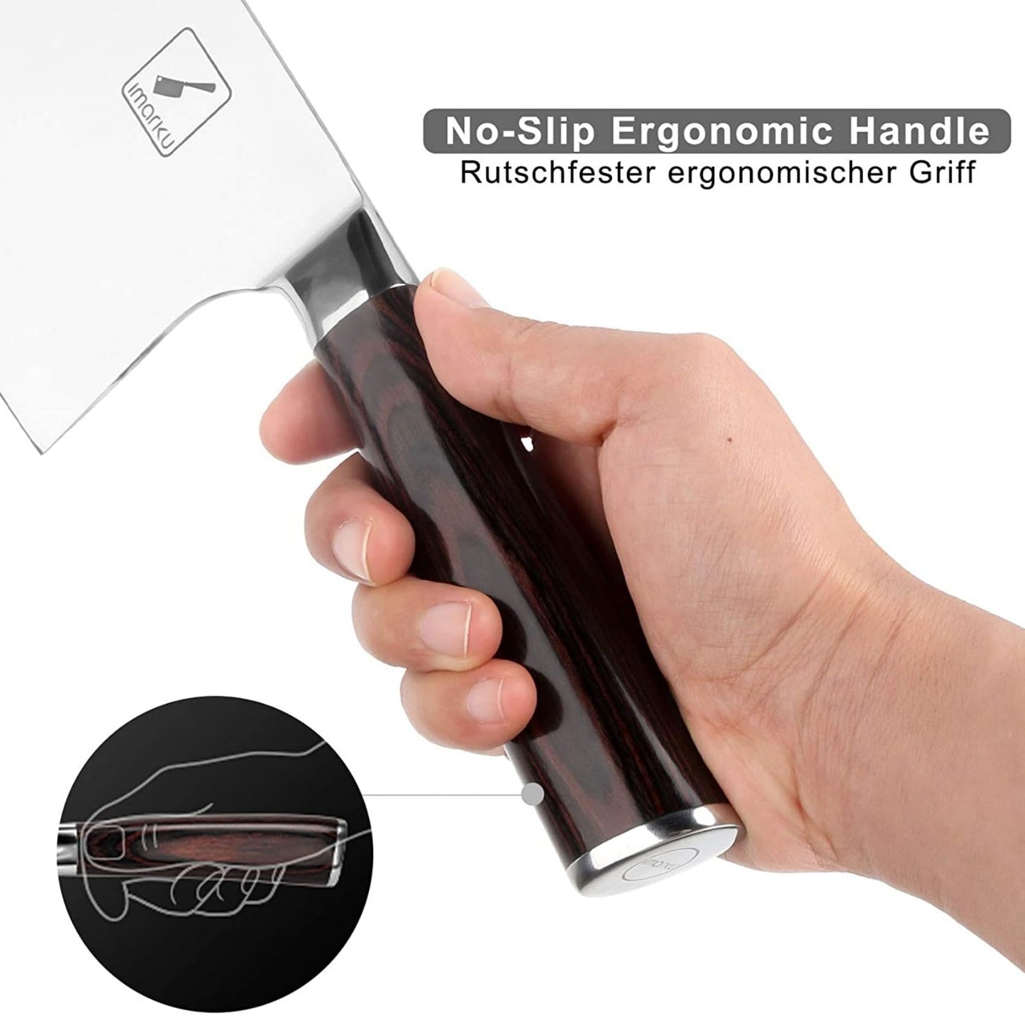 imarku 7" Cleaver Knife, with a 7-inch blade length. Sharp Chinese chef's knife made of high-quality stainless steel. Ideal for chopping bones with an ergonomic Pakkawood handle.