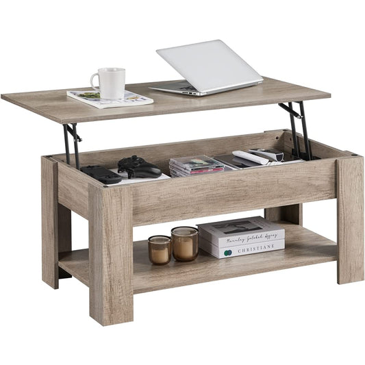 Yaheetech coffee table with adjustable height, living room table with storage shelf, wooden gray side table, end table.