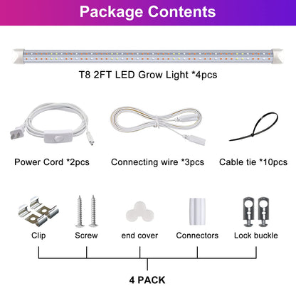 Wolezek T8 plant lamp, 4 pack full spectrum LED plant light for indoor plants, 6500K 660nm 450nm red blue white growth lights for plants, suitable for indoor greenhouse, garden.