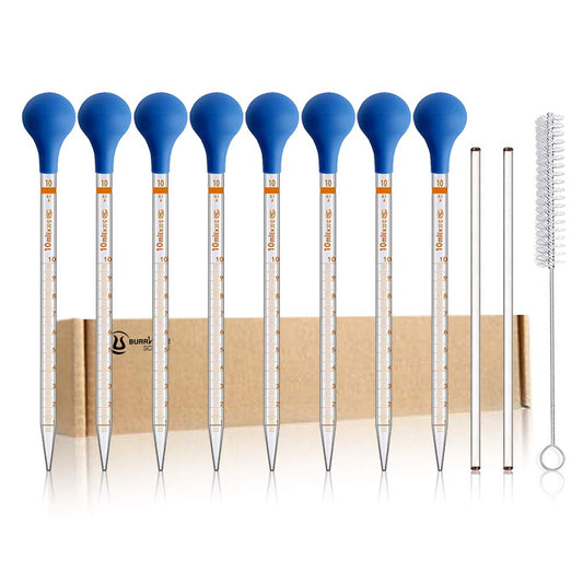 8 pieces 10ml Glass Scale Graduated Dropper Droppers Dropper Counter Lab Pipettes Dropper Liquid Pipette with 8 rubber caps with 1 piece Dropper Brush and 2 pieces 20cm Glass Stirring Rods