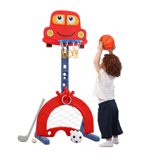 Kids Basketball Hoop Stand, Adjustable Height from 124 to 178 cm. Basketball set with adjustable hoop, soccer goal, and ball games. Interactive learning toy for babies, toddlers (red).