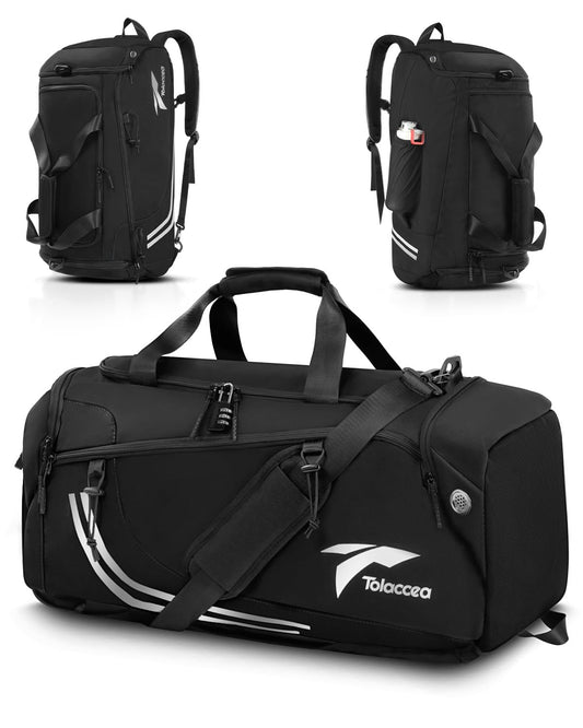 Tolaccea sports bag for men with backpack function, large 45L sports backpack with shoe compartment and wet compartment, women's duffel bag for gym, sauna, soccer, swimming, and gym (black).