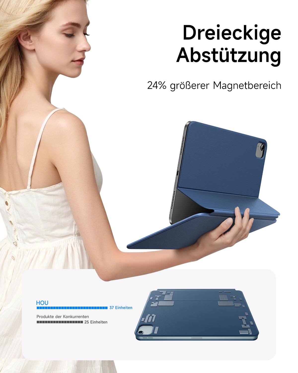 HOU Folio Keyboard for iPad Pro 11 (2018-2022), Air 11 inch (M3/M2, 2025/2024), Air 5/4 Generation, Slim Skin Feel - Case, Adjustable Angle, QWERTZ, Black