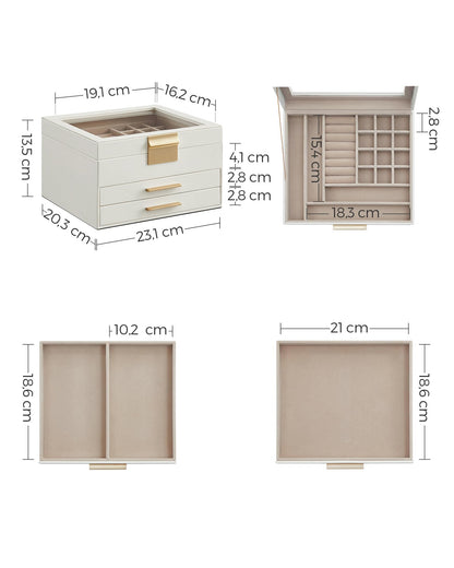 SONGMICS Jewelry box with 3 levels, glass lid, 2 drawers, ample storage, modern design, perfect gift for your loved ones, cloud white-gold JBC239WT.