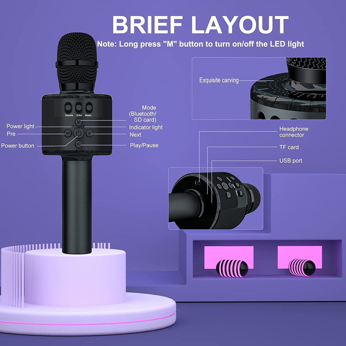 BONAOK Karaoke Microphone for Kids, Home KTV Bluetooth Karaoke Machine, Portable Kids Karaoke Microphone, Party Speaker for Smartphone PC (Q78 Black)