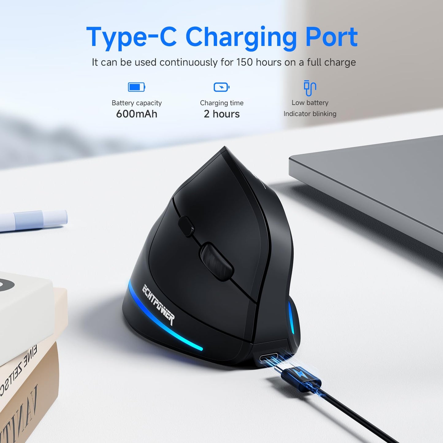 REALPower 2.4G Vertical Ergonomic Mouse Wireless, Rechargeable Cordless Wireless Mouse for Office/Home Windows PC, Vertical Ergonomic Mouse 2400 DPI, 6 Buttons, Right-Handed (Black)