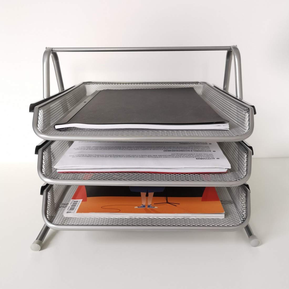 D.RECT 110486 Metal Storage Trays Stackable - Office Desk Organizer - Desk Tray - 3 Drawers Letter Tray Document Tray A4 Organizer Mesh - Paper Tray Silver File Tray