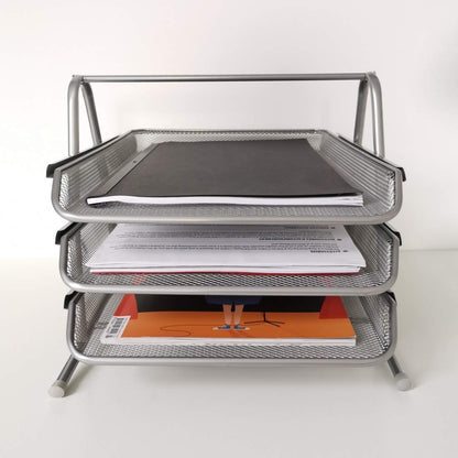 D.RECT 110486 Metal Storage Trays Stackable - Office Desk Organizer - Desk Tray - 3 Drawers Letter Tray Document Tray A4 Organizer Mesh - Paper Tray Silver File Tray