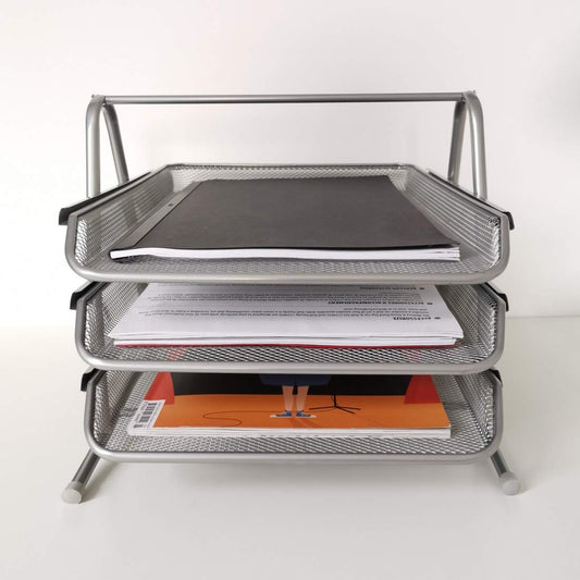 D.RECT 110486 Metal Storage Trays Stackable - Office Desk Organizer - Desk Tray - 3 Drawers Letter Tray Document Tray A4 Organizer Mesh - Paper Tray Silver File Tray