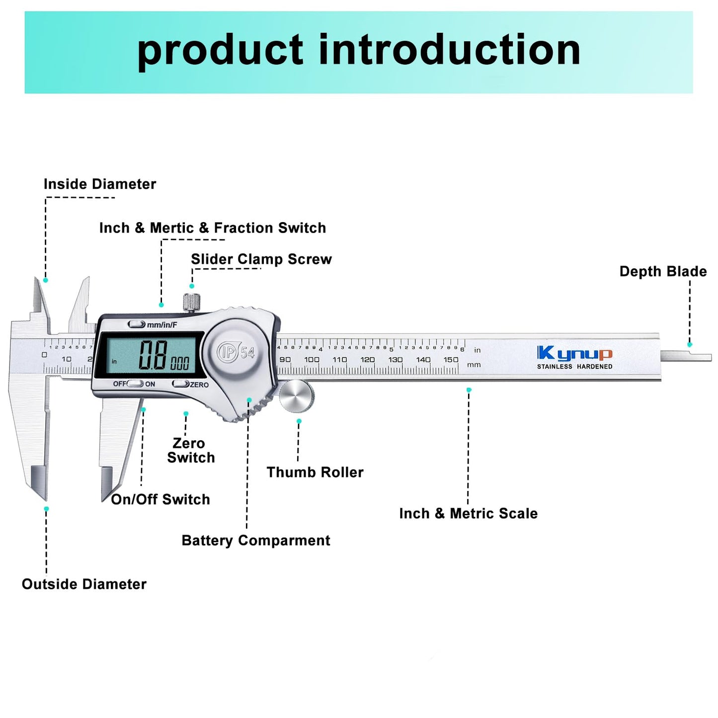Kynup Digital Caliper, Measuring Tool 150mm Stainless Steel IP54 Waterproof Dustproof Protection Design, LCD Display for Household and Industrial Measurement Calibration