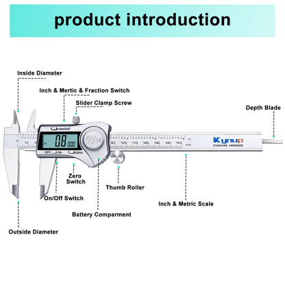Kynup Digital Caliper, Measuring Tool 150mm Stainless Steel IP54 Waterproof Dustproof Protection Design, LCD Display for Household and Industrial Measurement Calibration