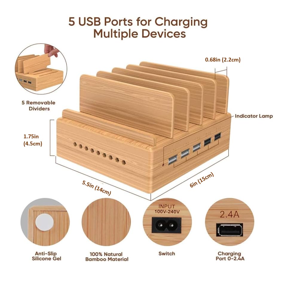 Yisen Mobile Charging Station USB Charger Multiple Charging Station for Multiple Devices Smartphone, Tablets (with 5 USB Cables)