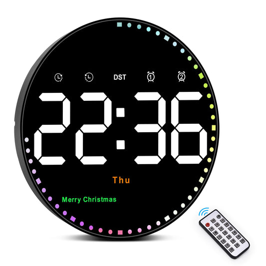 Digital wall clock with remote control, 10'' digital wall clock, digital clock with date/day/temperature/timer/countdown/2 alarms, digital clock for living room office school gym garage warehouse.