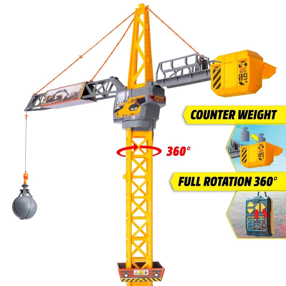 Dickie Toys - Mighty Crane (110 cm) - large toy crane with 360° rotation & wrecking ball including grip function, play crane for children aged 3 years and older with cable remote control.