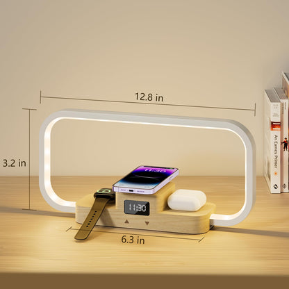 Bedside lamp with charging function, LED table lamp with touch control, stepless dimming and 5 color modes. 3-in-1 inductive charging station with wireless charger for iPhone/AirPods/iWatch (adapter included).