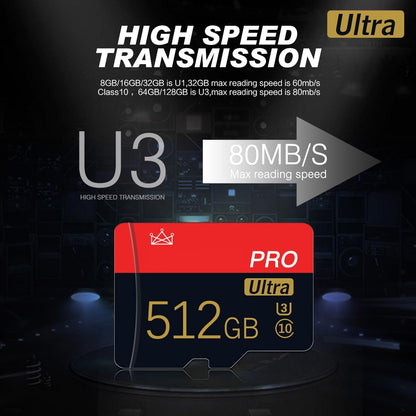 512GB Micro SD Card Class 10 Memory Card High Speed Mini SD Card with Adapter for Computer, Tachograph, Tablet, Drone.