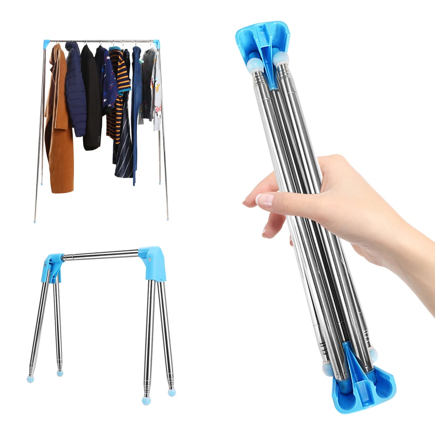 Folding Portable Clothes Rack, Extendable Clothes Pole, Adjustable Travel Clothes Stand, Lightweight Clothes Rack for Travel, Dance, Camping, Laundry