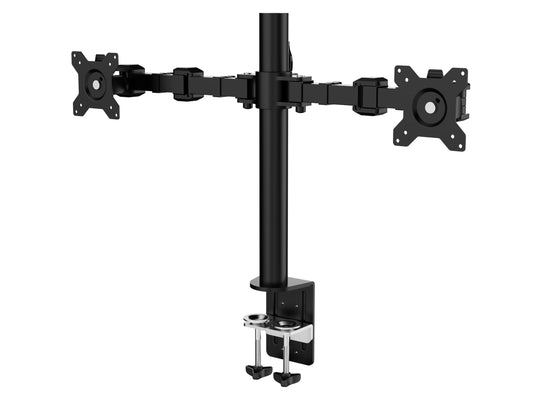Amazon Basics dual monitor stand with adjustable height, screen tilt, and cable organizer. 360-degree rotation, steel construction, black, 33 to 76 cm.