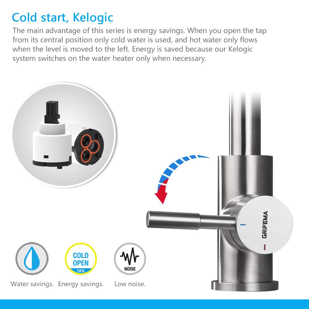 GRIFEMA kitchen faucet mixer 360° rotation - stainless steel kitchen faucet with high spout (271mm), sink mixer tap with G3/8'' connections, faucet with water column mode, brushed.