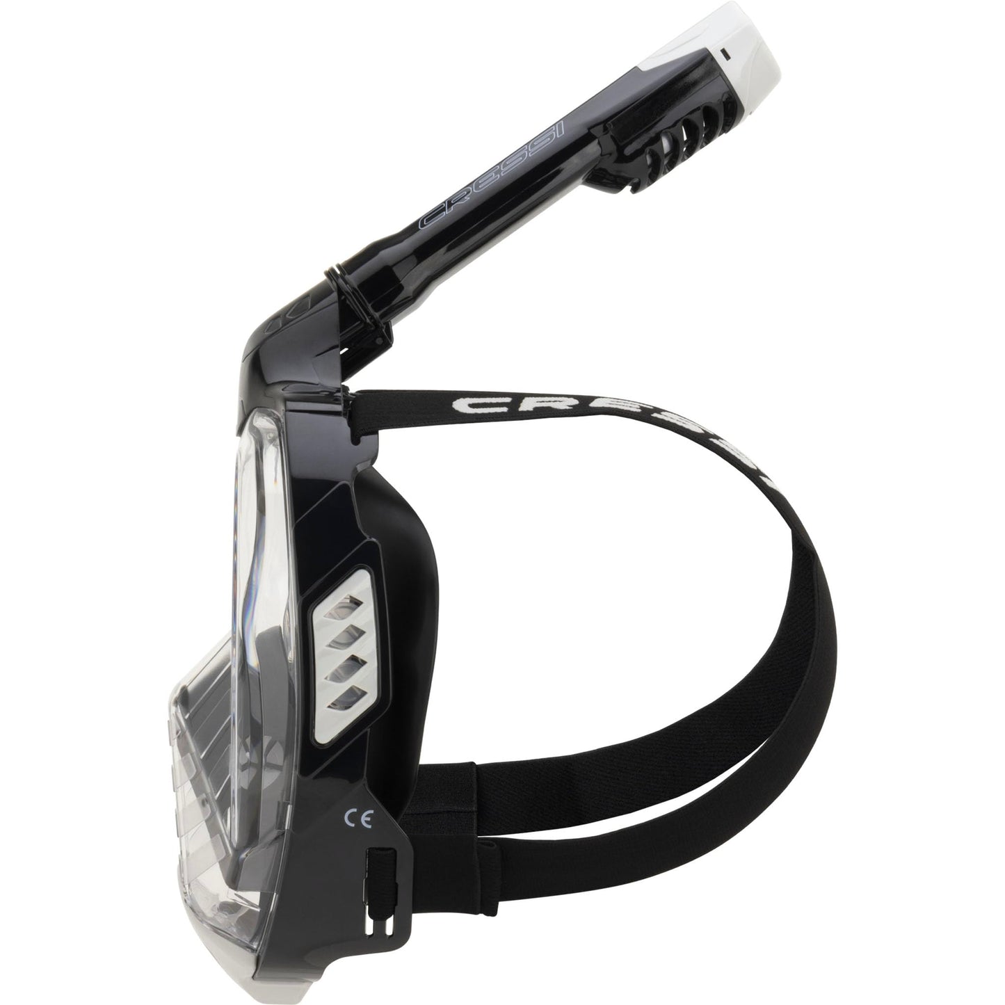 CRESSI Bali Full Face Mask Black/Grey S/M - Diving mask with ultra clear polycarbonate lens, 100% silicone, snorkel float valve, camera mount, black/grey, S/M size, for adults.