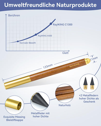 RaylKING Eternal Pencil - C1300, precision crafted from sandalwood - also equipped with 2 replaceable graphite leads with fine brass thread and HB hardness, elegant gift box