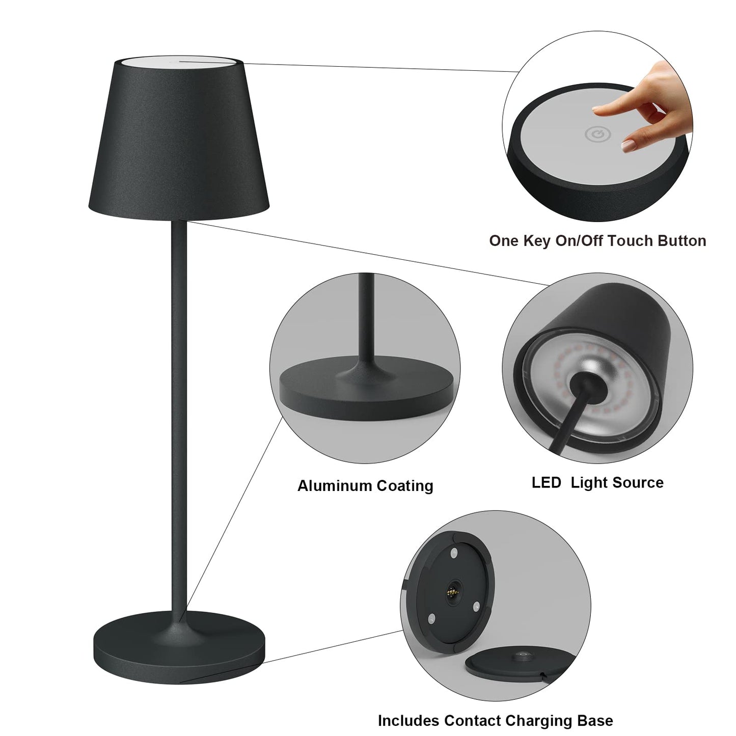 Klighten 2-piece Dimmable LED Battery Table Lamp, Warm Light Color 3000K, Rechargeable Designer Desk Light with USB Charging Station, Anthracite, Aluminum, For Indoor and Outdoor Use