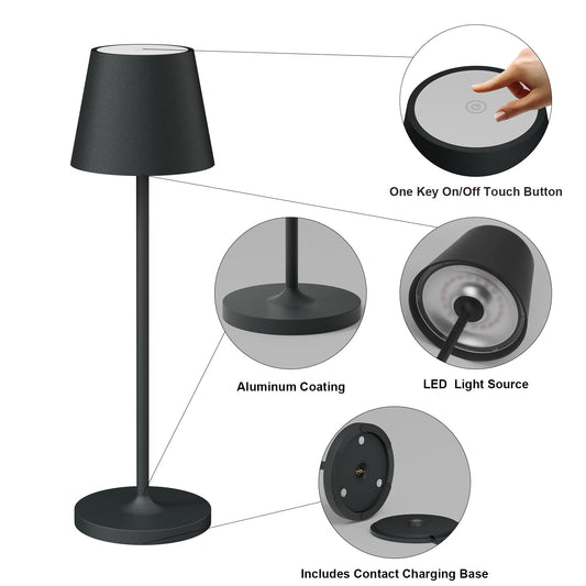 Klighten 2-piece Dimmable LED Battery Table Lamp, Warm Light Color 3000K, Rechargeable Designer Desk Light with USB Charging Station, Anthracite, Aluminum, For Indoor and Outdoor Use