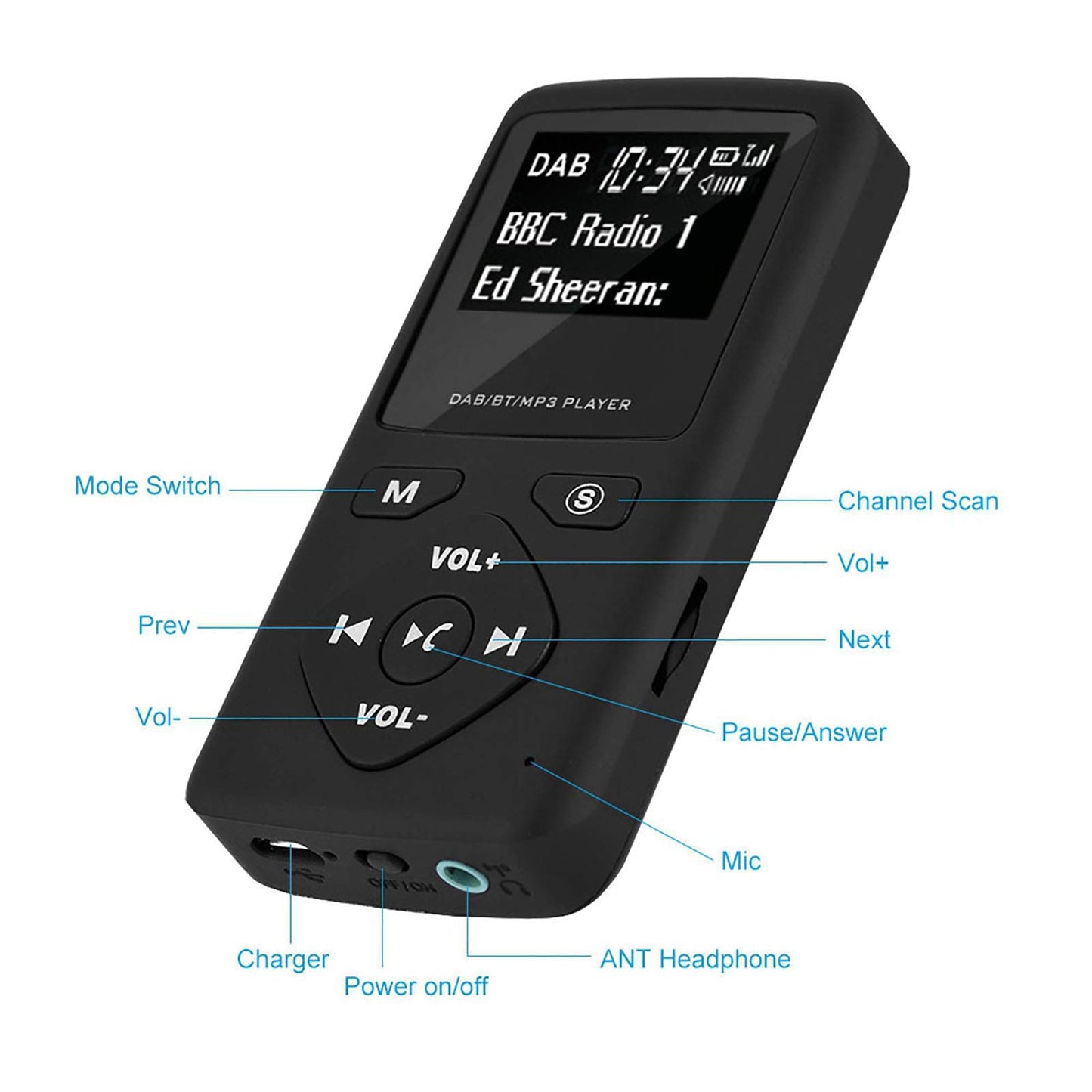 Portable DAB/DAB+ radio, Bluetooth MP3 player with headphones, support for TF card, pocket digital radio receiver for hiking, sports, outdoor activities.