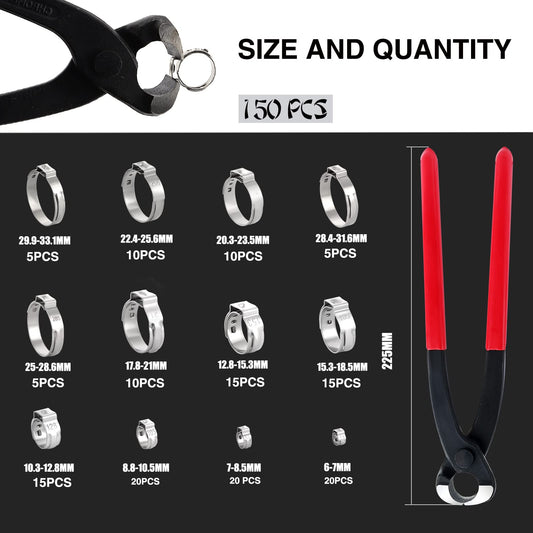 150 pieces 304 Stainless Steel Single Ear Stepless Hose Clamps Set, 6-33.1mm 12 Sizes Crimp Hose Clamps Assortment Kit, Ear Cinch Rings Crimp Pinch Fitting Tools