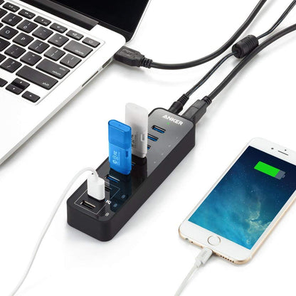 Anchor 10 Port 60W Data Hub USB 3.0 7-Port with 3 PowerIQ charging ports, compatible with MacBook, Mac Pro/Mini, iMac, XPS, Surface Pro, iPhone 7, 6s Plus, iPad Air 2, Galaxy Series, Mobile HDD, and more.