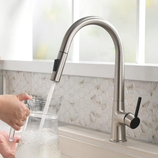 TIMACO High Pressure Kitchen Faucet, Pull Down Kitchen Faucet, Kitchen Sink Faucet 360° Rotatable, Kitchen Mixer Tap with Sprayer, Sink Tap with Two Flow Patterns, 304 Stainless Steel, Brushed Nickel