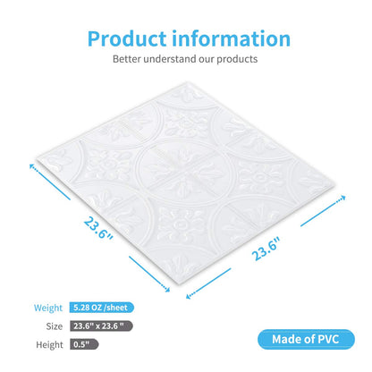 Art3d 12 pieces, 4.5 sq.ft Ceiling Tiles, 3D Wall Panels, 61 x 61 cm, Self-Adhesive, Classic Style, White.