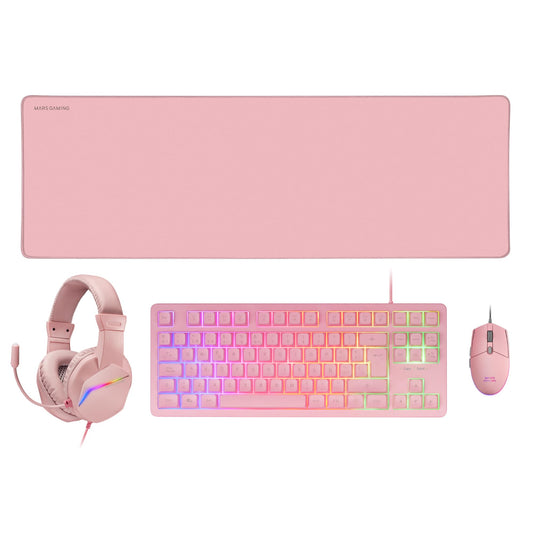 MARSGAMING MCP-RGB3, Gaming Keyboard Fixed RGB + Gaming Mouse RGB Flow 3200 DPI + Over-Ear RGB Headset + XXL Mousepad, Pink, Spanish Language.