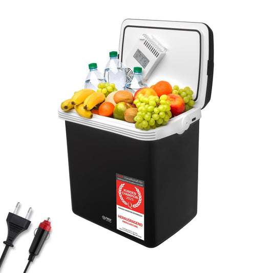 TZS First Austria - Cool box 32L electric, with 12V and 230V connection for car & outlet - Thermoelectric cool box cools & warms - Mini fridge with handle - For camping, festivals, travel - Black