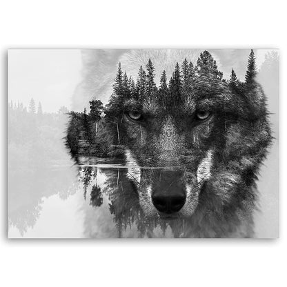 Feeby Fleece Canvas Picture Wolf Head Lake Forest 100x70 cm Print Wall Art Wall Decoration Decor Wall Aesthetic Animal Abstract Nature Black and White