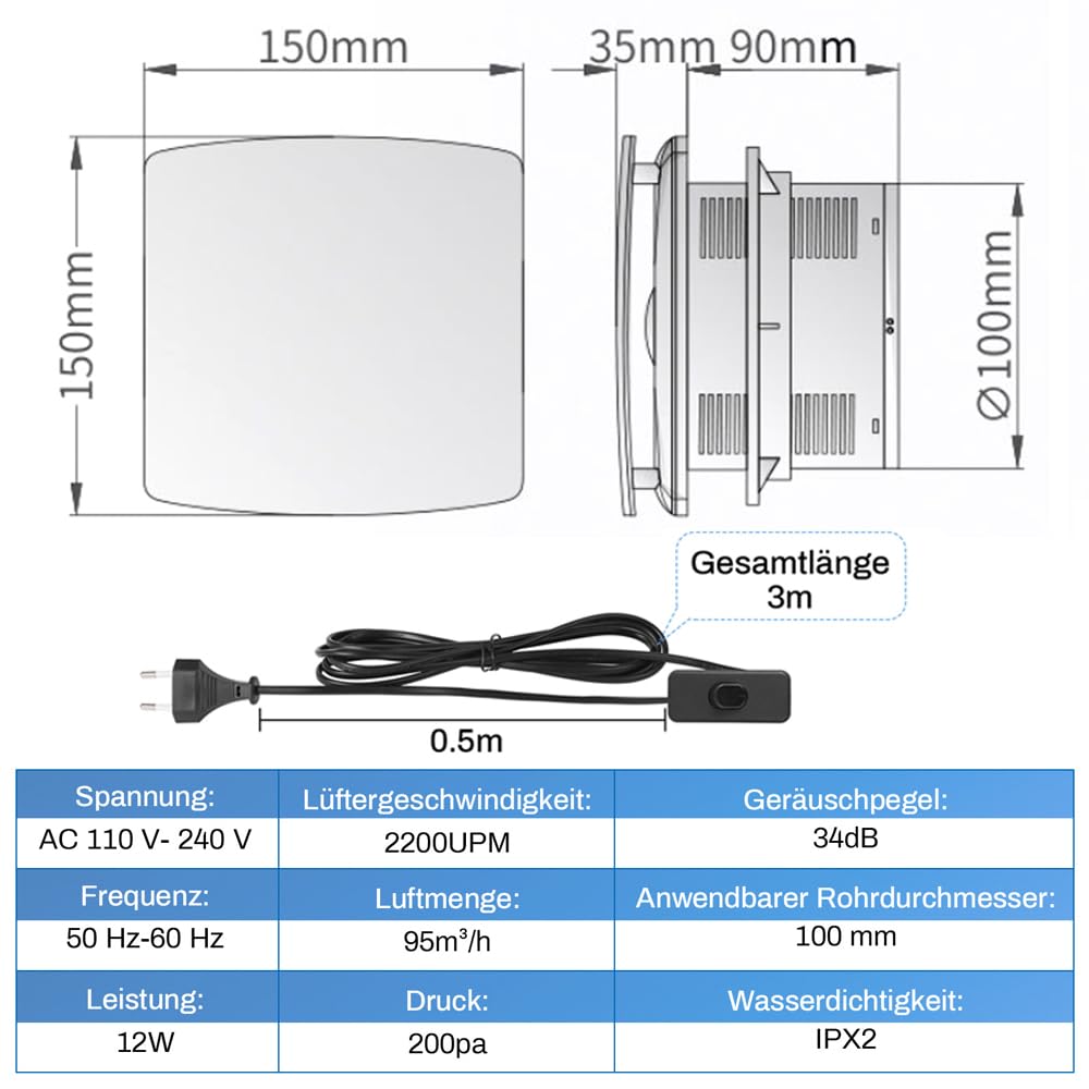 XIW Bathroom exhaust fan Ø100mm with backdraft damper, EU plug, 95 m³/h, 12 watts / 34dB wall fan for bathroom, toilet, kitchen.