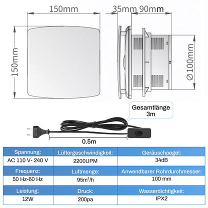 XIW Bathroom exhaust fan Ø100mm with backdraft damper, EU plug, 95 m³/h, 12 watts / 34dB wall fan for bathroom, toilet, kitchen.