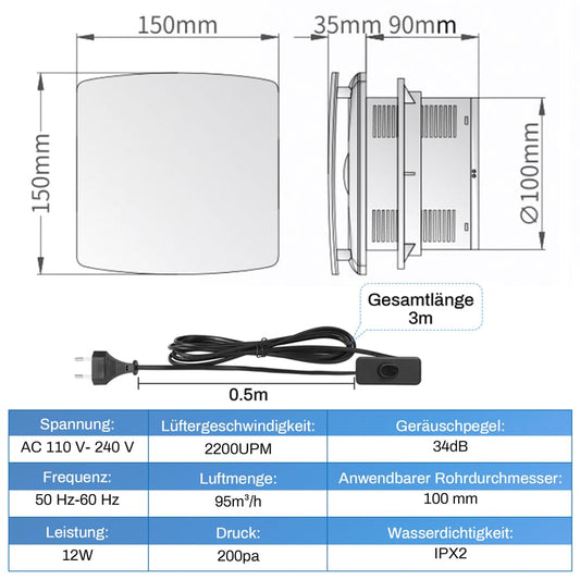 XIW Bathroom exhaust fan Ø100mm with backdraft damper, EU plug, 95 m³/h, 12 watts / 34dB wall fan for bathroom, toilet, kitchen.