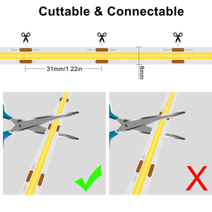 TTWAY COB LED Strip 10M, 2700K Warm White LED Strip Lights with 384LEDs/M, CRI 93+, DC24V, 8mm Cob Connector, Uniform Light, LED Strip for Bedroom Decoration (Power Supply Not Included)
