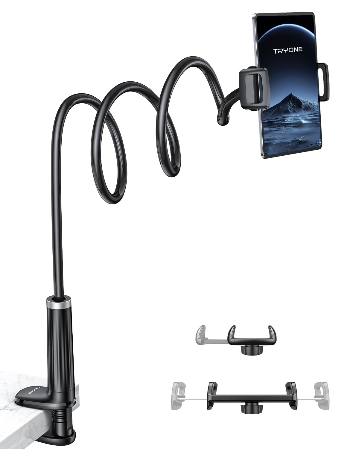 Tryone Gooseneck Tablet Holder for Bed: Tablet Stand with 360° Rotating Base and 2 Clips Phone Mount for Desk, Compatible with iPad Pro 12.9 Air Mini, Phone, or Other Devices from 4.7-12.9 Inches.