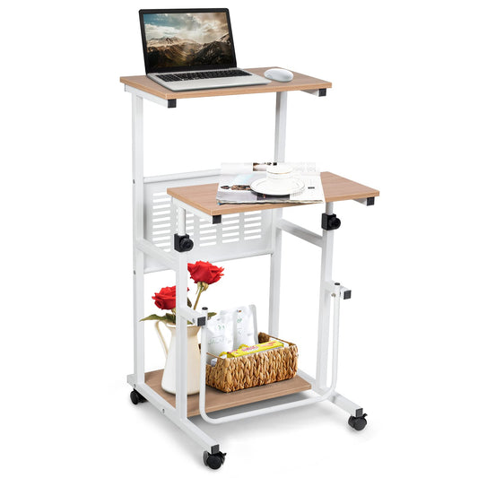 GOPLUS Laptop Table on Wheels, Standing Desk with Height-Adjustable Shelf, Space-Saving Stand-Up Computer Desk with Metal Frame, Storage Space and Footrest, Holds up to 23 kg, Natural.