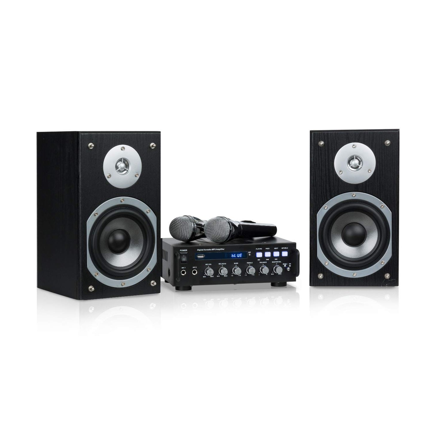 auna Karaoke Star 3 Karaoke Set - Karaoke system, 2 x 75 W max, Bluetooth, USB, Line-In, includes microphones and speaker cables, black.