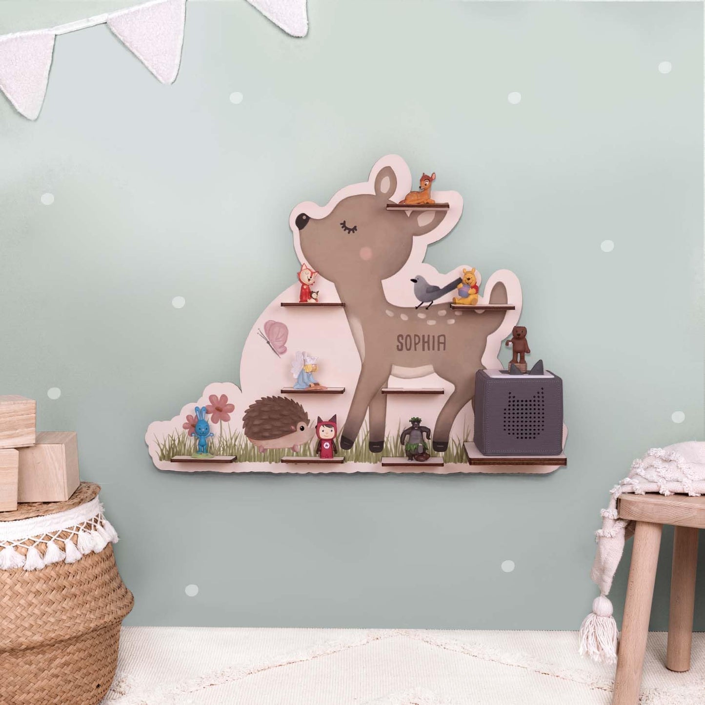 Tonie Shelf Watercolor Animals Personalized - Wooden Tonie Shelf for Girls & Boys - Toniebox Shelf - Children's Shelf for Audio Plays & Storage of Tonie Figures - Nursery Shelf (DEER)