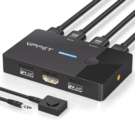 AILVLVNG HDMI KVM Switch allows 2 PCs to share 1 monitor at 4K@60Hz resolution. Comes with desktop controller and 2 USB cables for easy plug and play setup. Share a monitor and keyboard/mouse between two computers.