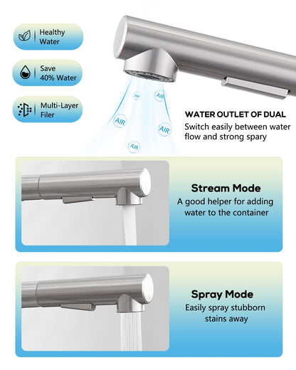 BONADE Kitchen Faucet Pull-Out, High Pressure Kitchen Tap with Sprayer 2 Spray Modes, 360° Rotatable Kitchen Faucet, L Shape Mixer Tap Kitchen, Single Lever Sink Mixer Stainless Steel Brushed