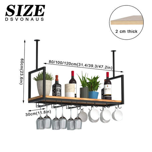 DSVONAUS Hanging Wine Rack and Wine Glass Holder - 120cm metal wine rack with 2 types of glass holder, ceiling-mounted wine glass rack, bottle holder, perfect for bar-cafe-kitchen (120x30x60cm)