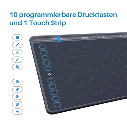 HUION HS611 Graphic Tablet, 10.2 x 6.36 inch Professional Drawing Tablet, Battery-free Digital PW500 Pen, Equipped with Multimedia Touch Keys, Adjustable Volume, Music Playback, Gray