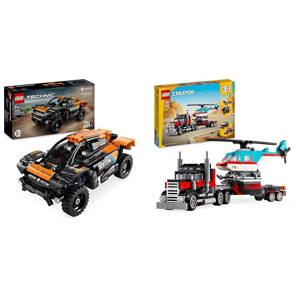 LEGO Technic NEOM McLaren Extreme E Race Car Set, car toy with pull-back motor & Creator 3in1 Low Loader with Helicopter, vehicle set with helicopter and truck toys.